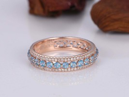 1.50Ct Round Cut Aquamarine Half Eternity Wedding Band Ring 14K Rose Gold Finish - £129.78 GBP