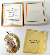 Vtg Reed &amp; Barton Damascene Oval Pendant Bird Flower Signed w Box Paperw... - $45.99