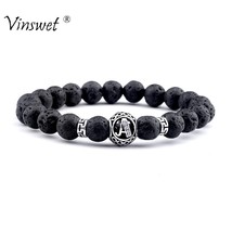 Silver-Color 26 Letters Beads Bracelet Diffuser Lava Stone Bracelets Women Men F - £8.79 GBP