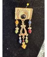 Gold Toned And Multi Color Bead Dangling Brooch - $10.85