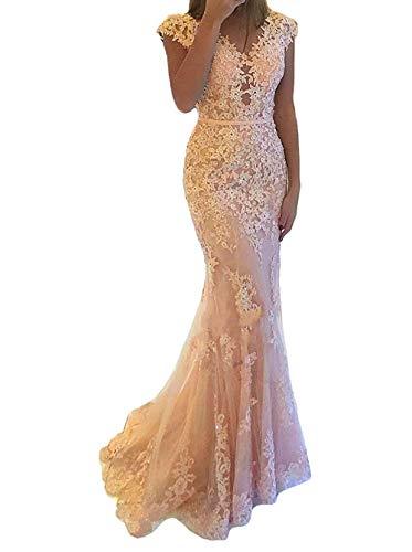 Plus Size Women V Neck Sheer Beaded Lace Tulle Long Mermaid Prom Dress Peach 18W