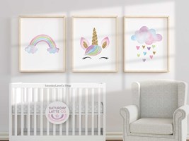 Set of 3 Unicorn Nursery Wall Art Printables, Baby Nursery Decor Girl | Digital - £6.39 GBP