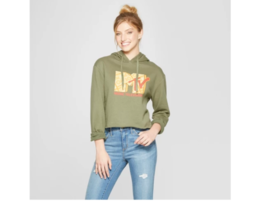 MTV Music Television Women Cropped Hoodie Long Sleeve Green Retro Graphic XL NWT - £12.66 GBP