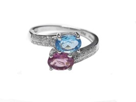Pink Tourmaline Swiss Blue Topaz Promise Ring 925 Sterling Silver Promise Ring - £114.47 GBP