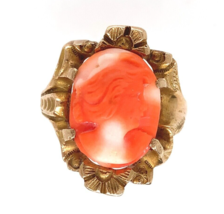 10k Yellow Gold Victorian Genuine Natural Coral Cameo Ring Size 6.5 (#J6299) - £320.50 GBP