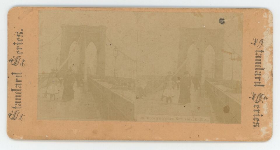Primary image for c1890's Real Photo Stereoview Men, Women & Children On Brooklyn Bridge, New York
