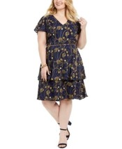 $79 Teeze Me Juniors&#39; Plus Size Printed Fit &amp; Flare Dress Navy Size 14 (NO BELT) - £11.11 GBP