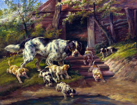 Framed canvas art print giclée Hunting Dogs pointers setter with pups puppies - £30.92 GBP+