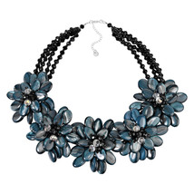 Bold Blue Shell Lotus Blossom Bouquet with Crystals and Beads Statement Necklace - £52.71 GBP