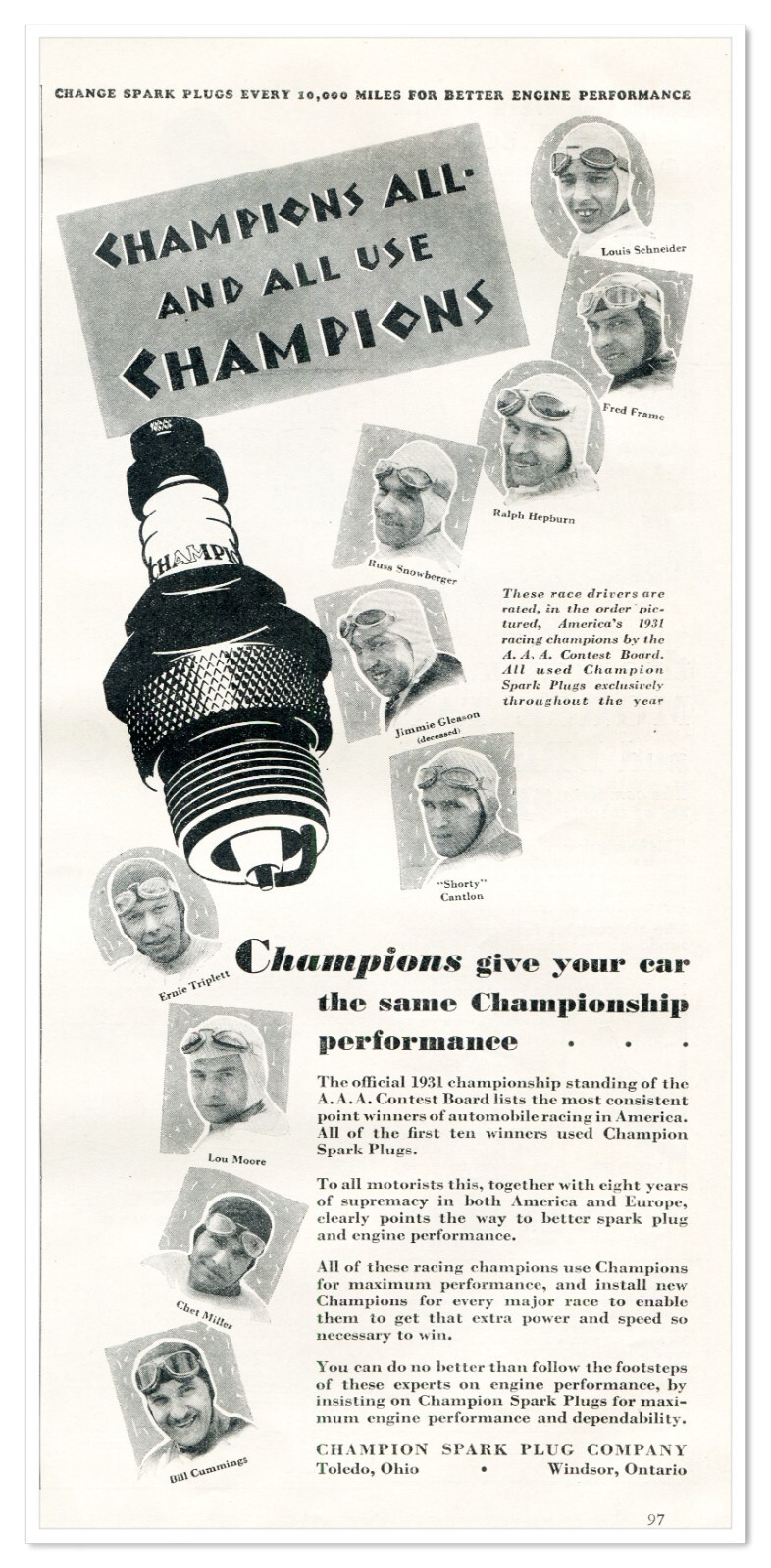 Print Ad Champion Spark Plugs &#39;31 Car Racing Winners 1932 2/3-Page Adver... - $9.70