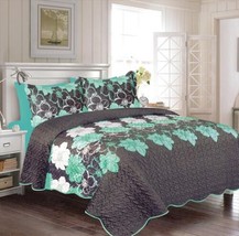 Flowers Aqua And Gray Tonny Reversible Plush Bedspread Set 6 Pcs King Size - £50.38 GBP