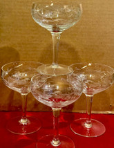 Champagne Glasses Etched Leaves Flowers Stemmed Set of 4 Crystal 5&quot; x 3-... - $36.00