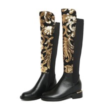 Phoentin  ethnic Embroidery Knee High Boots Women Leather Shoes winter stretch L - £118.85 GBP