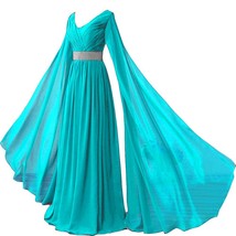 Kivary V Neck Long Sleeves Chiffon Goddess Prom Vintage Evening Dresses Blue Gre - £94.95 GBP