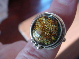 (#DR9-12) Size 9 Dichroic Glass Silver Ring Orange Green Black - £24.51 GBP