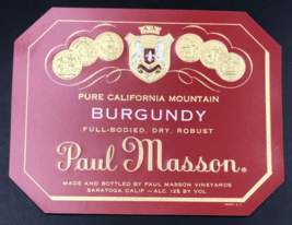 VTG 1940s Original Paul Masson California Mountain Burgundy Wine Label E... - $23.21