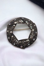 Vintage Bronze Tone Metal Aurora Borealis Filigree Hexagon Brooch Pin  - £7.42 GBP