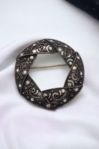 Vintage Bronze Tone Metal Aurora Borealis Filigree Hexagon Brooch Pin  - £7.44 GBP