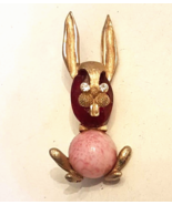RARE VTG Rabbit Figural Brooch Pink Jelly Belly Gold Plated Bunny Lapel Pin - £63.41 GBP