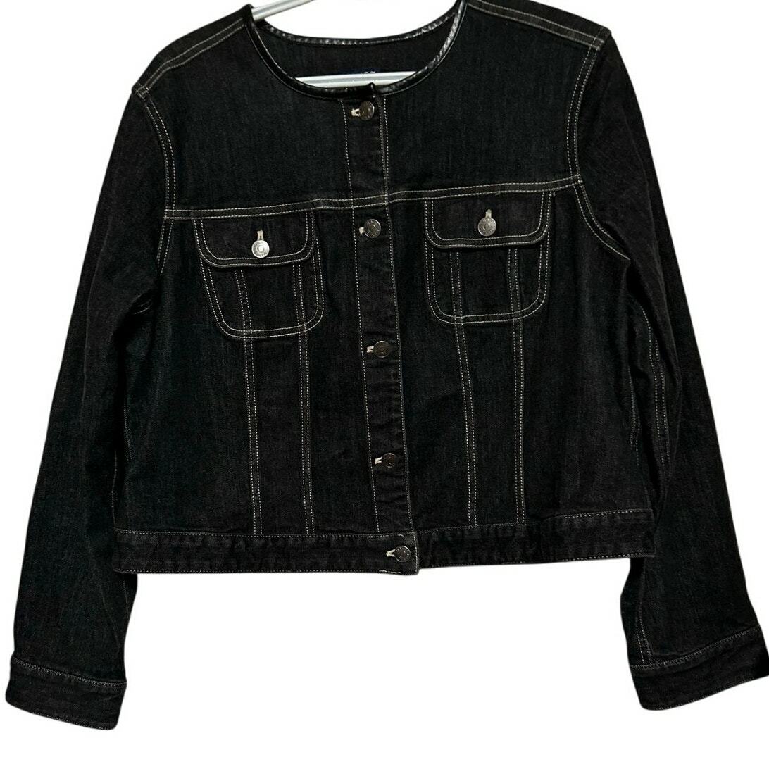 Chaps Women&#39;s Black Demin Collarless Pleather Neckline Jacket Size 1X - $55.00