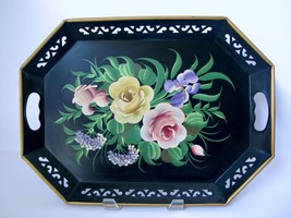 Vtg Tole Handpainted Floral Black Metal Tray Pierced Trim Handles Roses ... - $39.00