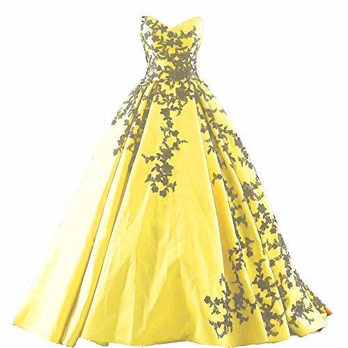 Beaded Gothic Black Lace Long Ball Gown Satin Prom Evening Dresses Yellow US 16