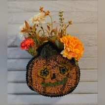 Handmade Fall Pumpkin Floral Wall Hanger Decor Cottagecore Felt Basket OOAK - $15.00