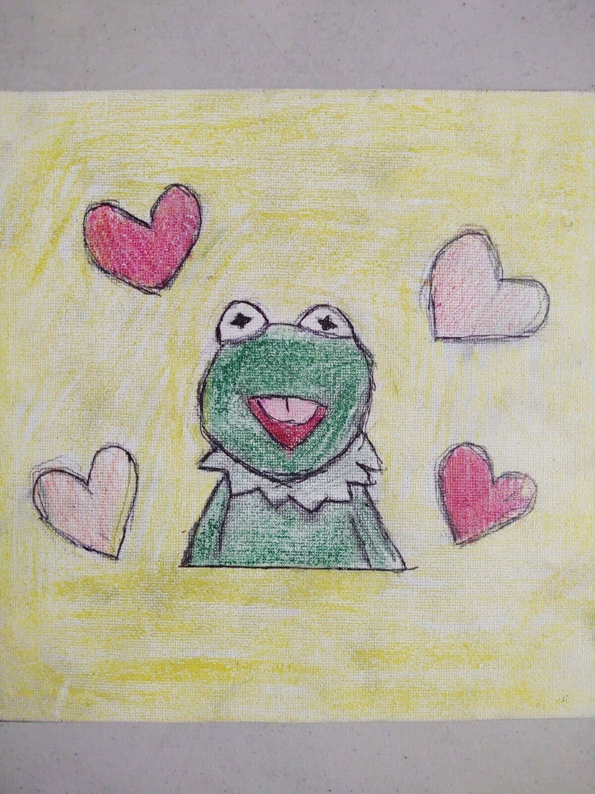 Kermit The Frog Childrens Primitive Drawing Canvas Panel Pencil  and Crayon - $9.90
