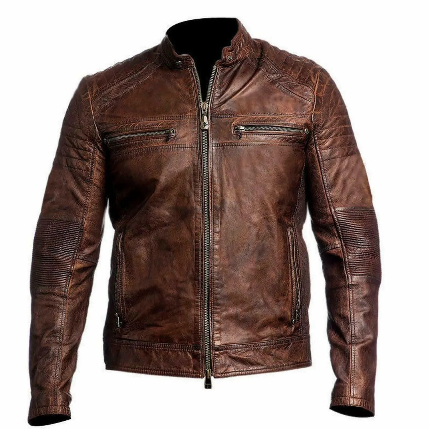 Men&#39;s Biker Vintage Motorcycle Distressed Brown Cafe Racer Leather Jacket - $1,839.10 MXN+