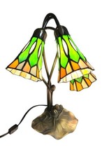 Tiffany Style 3 Light 16&quot; Lily Pad Metal Table Lamp Stained Glass Tulip Shades - £70.66 GBP