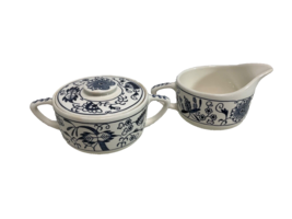 Vintage Royal China &quot;Doorn&quot; Blue Onion Ironstone Creamer &amp; Lidded Sugar Bowl Set - £9.34 GBP