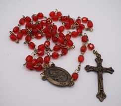 Red Plastic Beaded Chain Rosary Necklace Cross Pendant St. Therese - £11.72 GBP