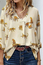 Apricot Printed Leopard Print Tab Sleeve Loose Fit V Neck Blouse - £23.71 GBP