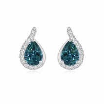 Teal Montana Sapphire Stud Earrings with Diamond in 14K Gold (Grade-AAA , 7x5MM) - £2,195.28 GBP