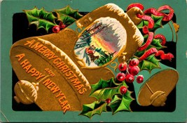 Merry Christmas Bells Holly Happy New Year Embosssed Gilt 1908 Postcard 2-Way - £7.23 GBP