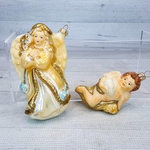 Vintage Glass Blown Krebs Germany 5&quot; Angel Ornament &amp; 4&quot; Cherub w Dove Unmarked - $24.24