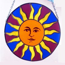 NEW Artist Handmade Original Design Hanging Stained Glass Round Sun Face... - $98.99
