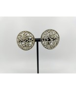 Sarah Coventry Vintage Clip Earrings Silver Tone Frozen Lace Round Intri... - $18.99