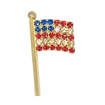 American Flag Pin 4th July Gold Tone Red Clear Blue Crystals Rhinestones 1 1/4&quot; - $5.00