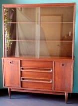 60s BASSETT MCM Walnut China Cabinet Hutch Storage Glass Doors Drawers B... - $1,237.49