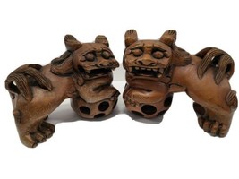 RARE Pair of Antique/Vintage Hand Carved Wood Foo Dogs Floating Ball Inside Ball - £102.82 GBP