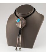 Plata de Ley Bolo Corbata con Turquesa Detalle Trenzado Cuero Hebras 91.4cm - $10,021.71 MXN