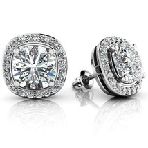 2 CT Cushion Cubic Zirconia Solitaire Halo Stud Earrings 14k White Gold Plated - £79.33 GBP