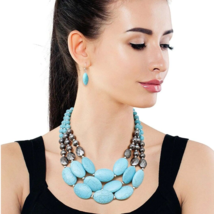 Silver and Turquoise Cracked Stone Navajo Pearl Triple Layer Necklace Set - £38.37 GBP