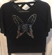 One Step Up Girls Black T-Shirt Top Embellished Silver Sequin Butterfly ... - £19.60 GBP