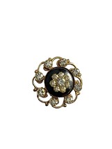 Vintage Brooch Pin Round Gold Tone Scroll Edge Black Center Rhinestones 1&quot; - $18.81