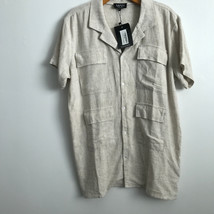 Boohoo Man Camp Shirt M Linen Beige Cargo Safari Short Sleeve Button Flap Pocket - £15.10 GBP