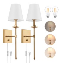 Dimmable Plug-In Wall Sconces, Antique Brass, White Shade, 6Ft Cord, Led Bulbs - - £87.87 GBP
