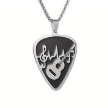 Guitar &amp; Music Notes Pick Shaped Pendant Necklace - Stainless Steel - $11.87