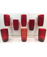 (8) Pier 1 Diamond Cut Red Flat Tumblers Set Embossed Etched Retro Style... - $98.67